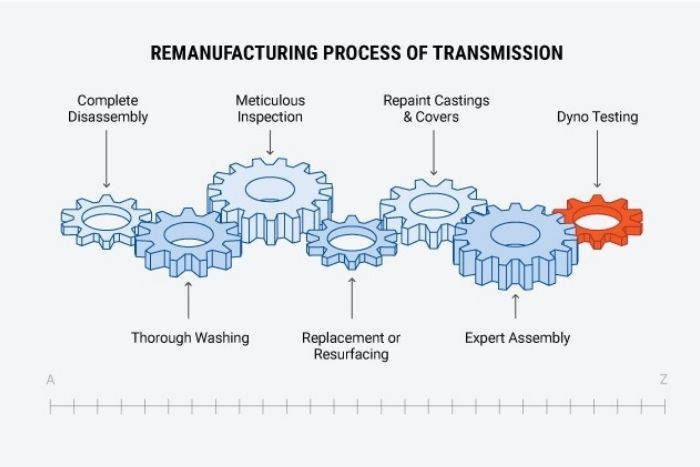 Diagram of the transmission remanufacturing process, showing steps from disassembly to final dyno testing.